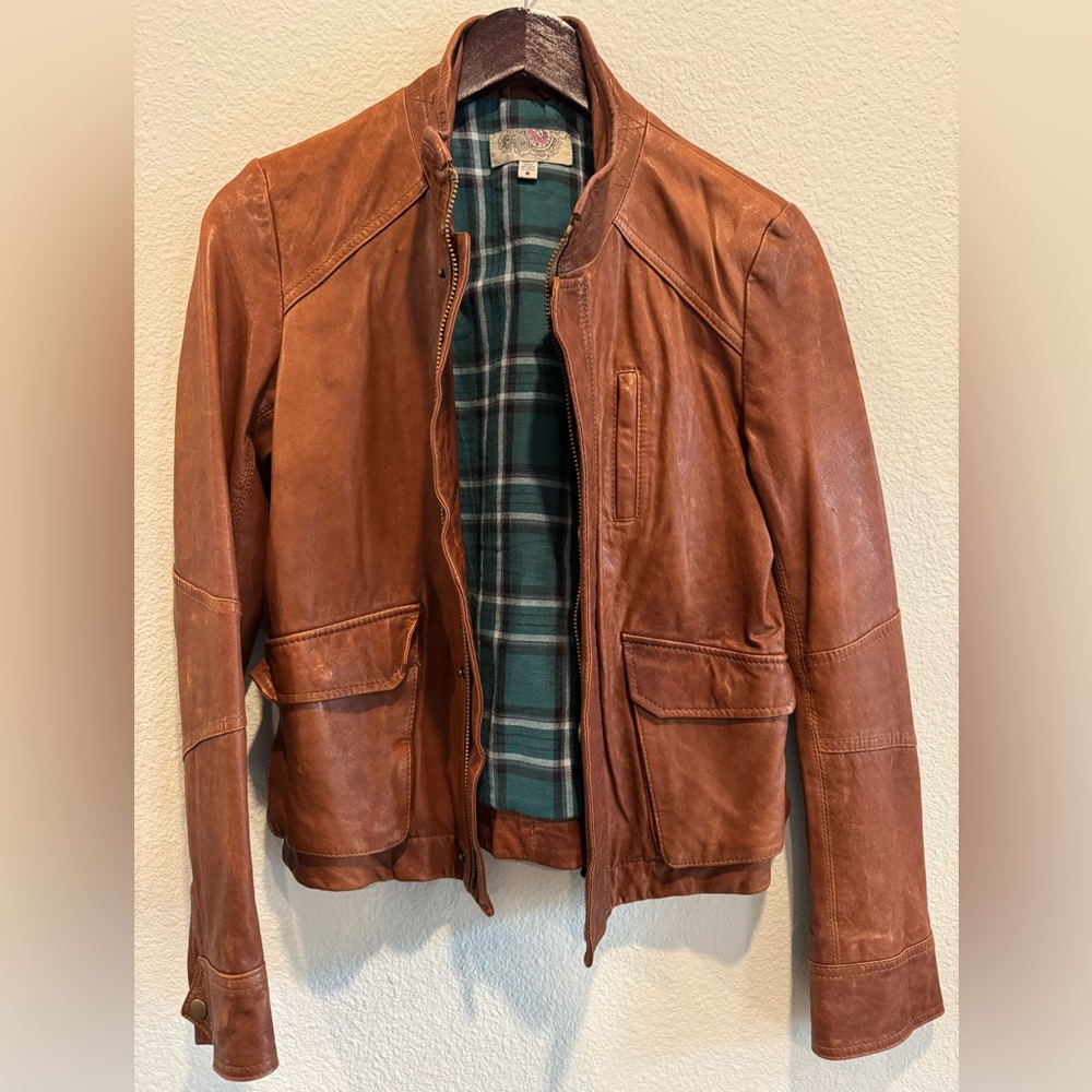 Women’s Brown Leather Jacket with Plaid Lining